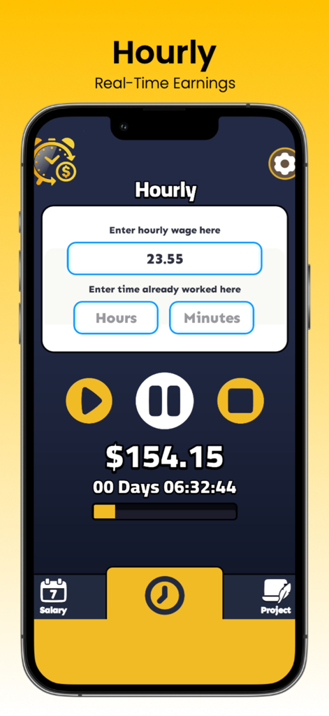 Money Clock: Income Visualizer - Interface of the Money Clock app showing a real-time hourly earnings tracker with a live balance of 154 dollars and a timer