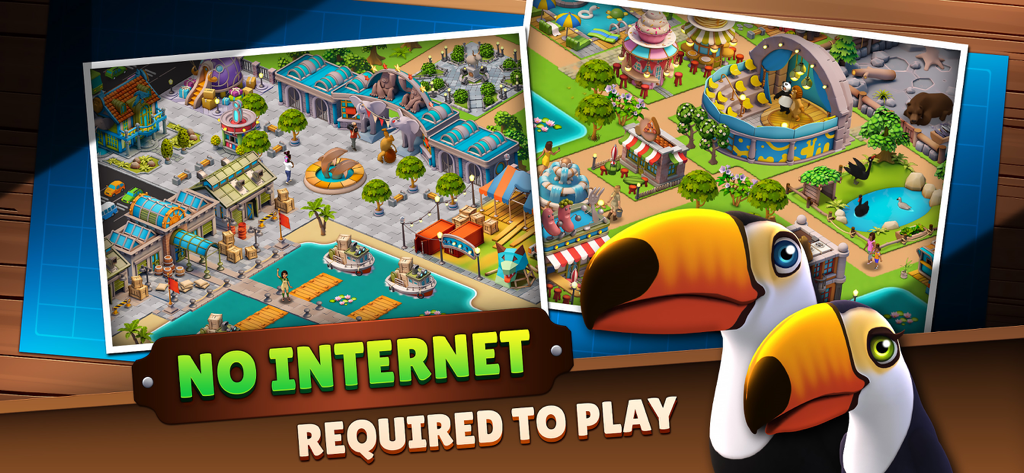Zoo Life: Animal Park Game - Capturas de pantalla del juego Zoo Life con gestión de zoológico y un mensaje de no se requiere internet con tucanes.
