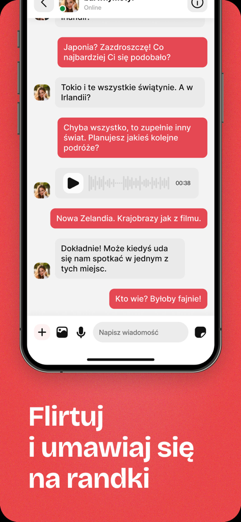 Sympatia - randki, flirt, czat - Interface de l'application de rencontres Sympatia montrant une conversation par chat en polonais