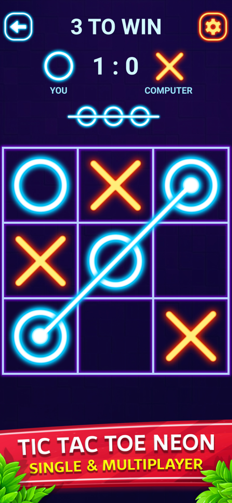 Classic Number Game -Numpuzzle - Tablero de juego de Tres en Raya de neón con círculos azules y cruces naranjas en la aplicación Numpuzzle