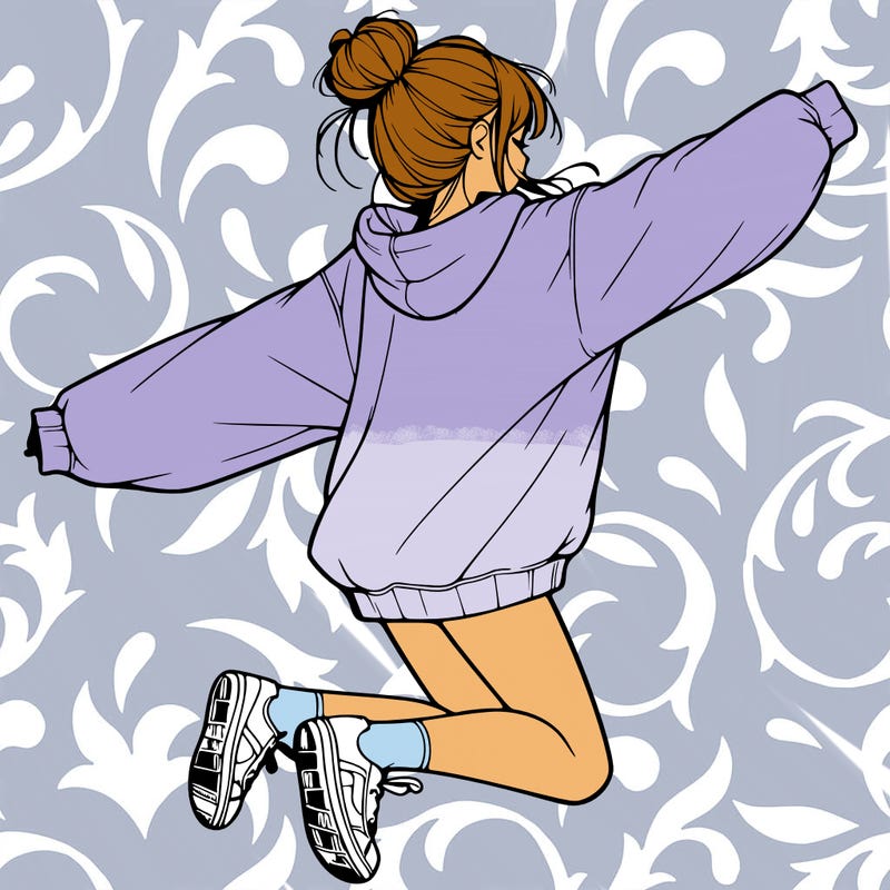 realistic girl jumping with a bun and oversized sweatshirt