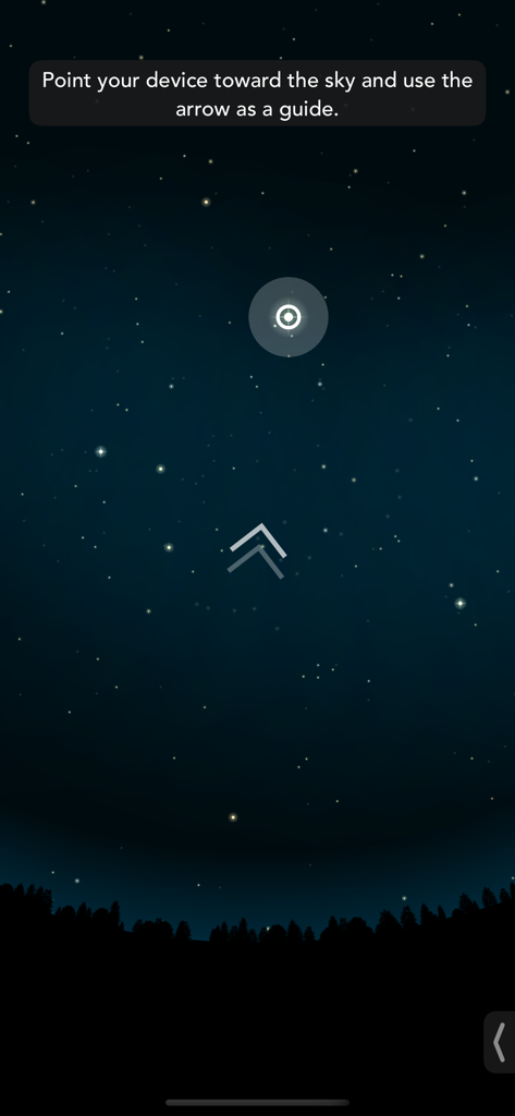 Función de búsqueda interactiva en Classic Sky Map 2 que muestra una flecha guía y estrellas en el cielo nocturno.