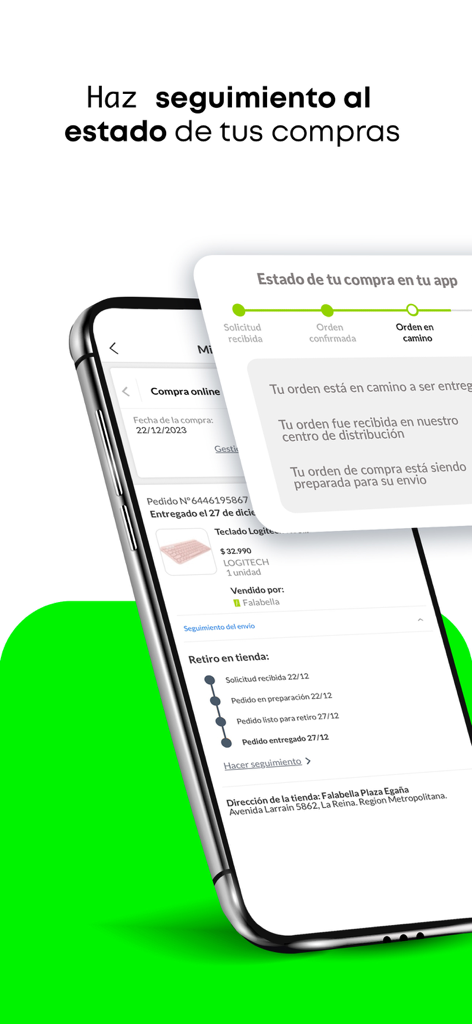falabella.com – Compra online - Pantalla de smartphone que muestra el estado de seguimiento de pedidos y compras en la app Falabella