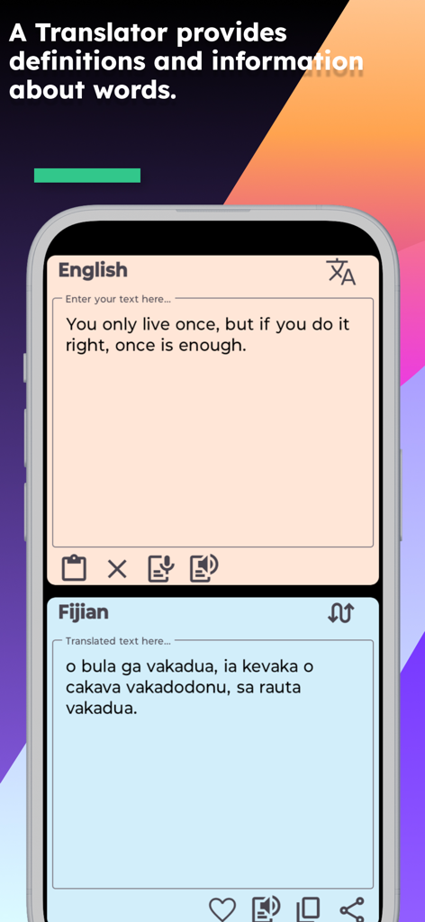 English Fijian Translator - A mobile app interface displaying a quote translated from English to Fijian with a simple and intuitive design.