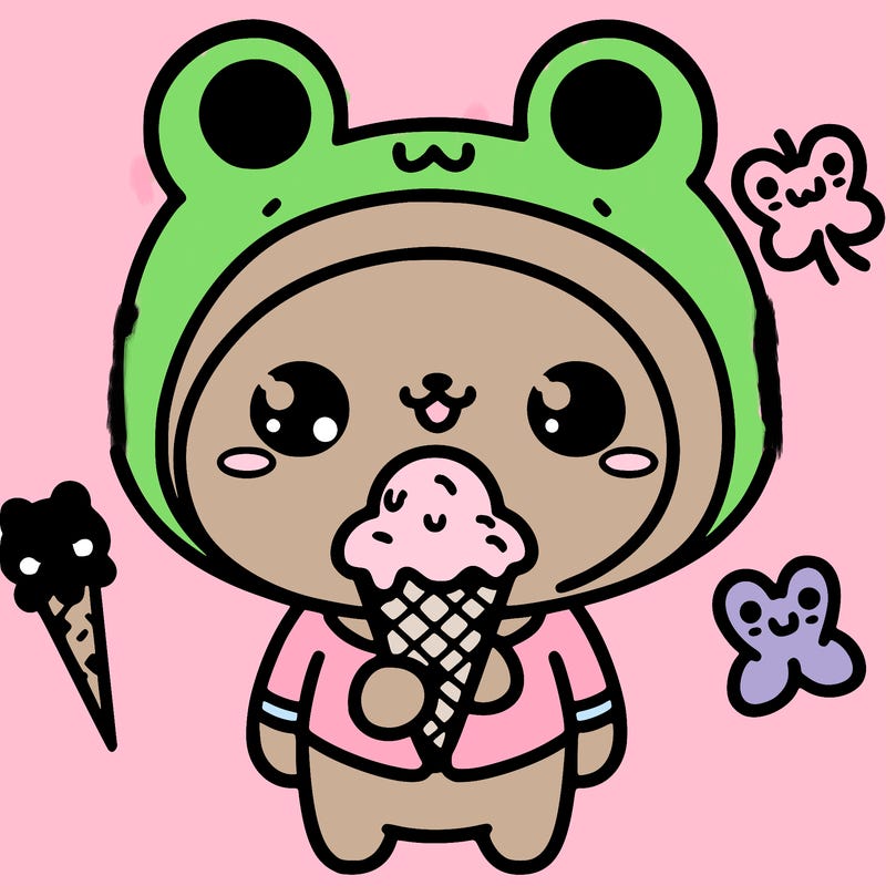a kawaii bear in a cute frog suit eating an ice cream cone
