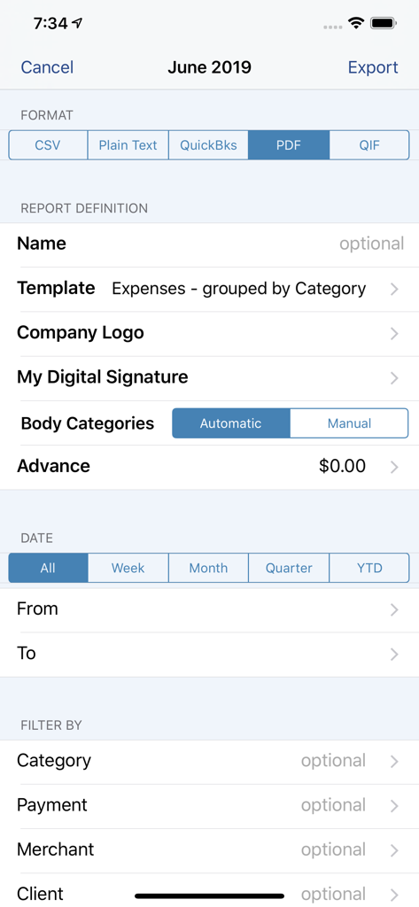 BizXpenseTracker Pro - Report export settings screen in the BizXpenseTracker Pro app showing format options and filters