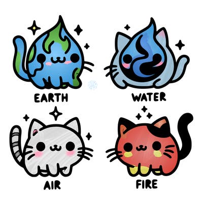 4 cats that represent the different elements, earth, water, air, and fire