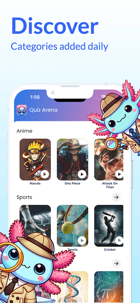 Quiz Arena - Trivia Questions - Quiz Arena app discovery screen showing anime and sports trivia categories with detective axolotl characters