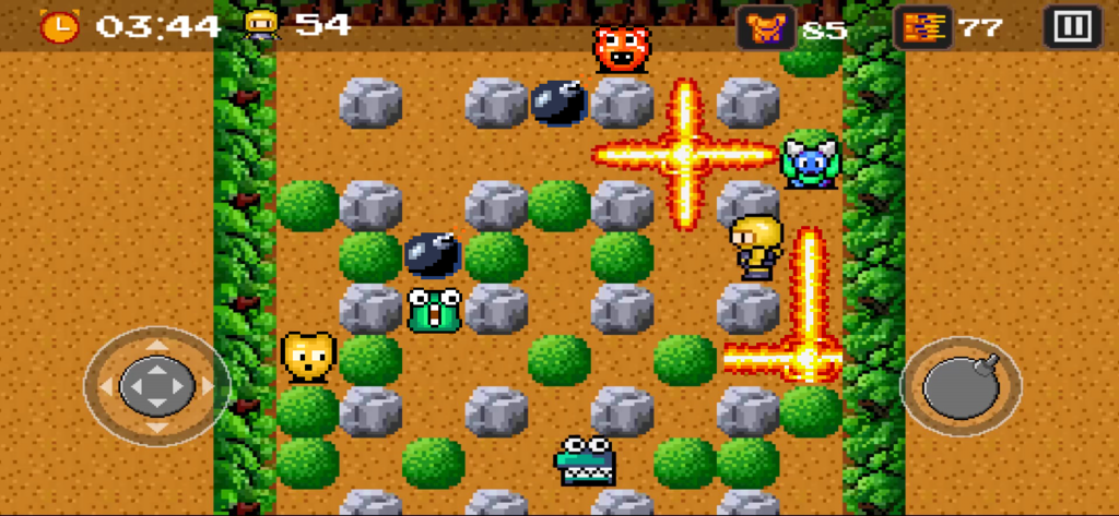 Bombsquad: Bomber Battle - Captura de pantalla del juego Bombsquad Bomber Battle que muestra un laberinto de arte de píxeles con un personaje colocando bombas y causando explosiones