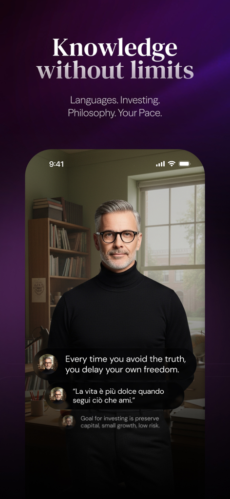 Napster - AI Music & Experts - An AI expert avatar in the Napster app providing insights on philosophy and investing in a video chat interface.