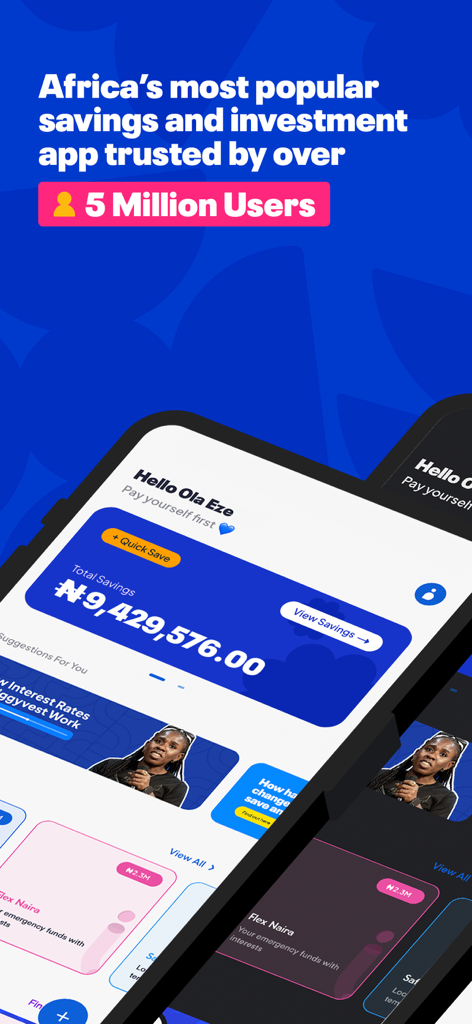 PiggyVest mobile app interface showing a savings dashboard and a 5 million user trust milestone