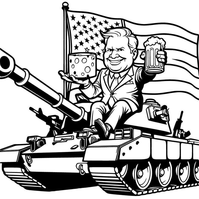 donald trump on a tank with guns beer and bal eagan’s and an american flag in the background