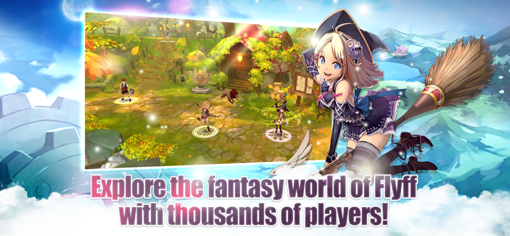 Uma personagem maga voando em uma vassoura sobre uma vila de fantasia vibrante em Flyff Legacy