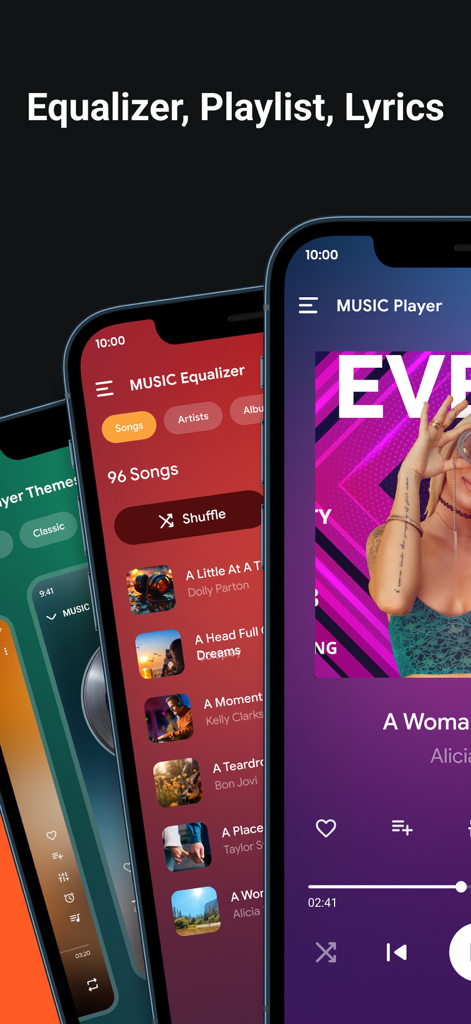 mp3 songs - Play Music - iPhone screens showing the mp3 songs app with music player equalizer and playlist features