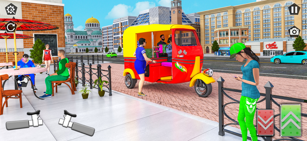 Captura de tela da jogabilidade de um auto rickshaw pegando passageiros em uma simulação 3D da cidade