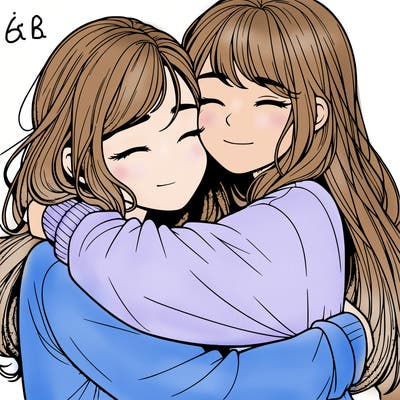 realistic two girls hugging