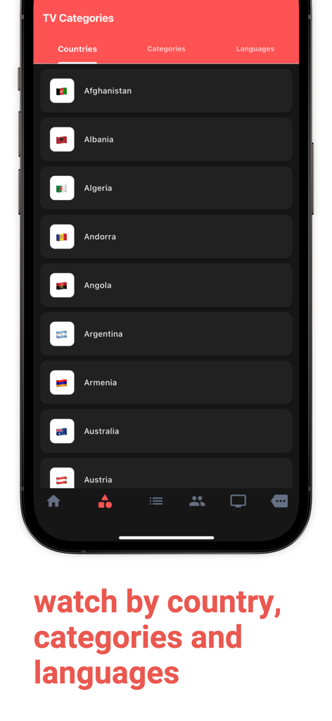 Un écran d'application mobile montrant une liste de pays pour les catégories de chaînes de télévision en direct.