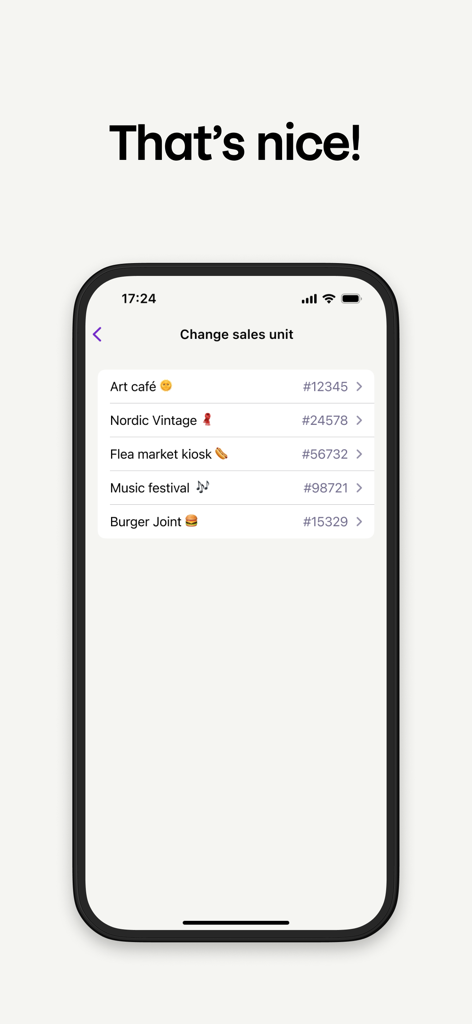 Get paid - by Vipps MobilePay - Interface of the Get paid app by Vipps MobilePay showing options to switch between different sales units like Art cafe and Burger Joint.
