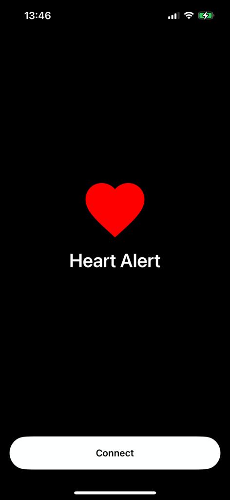 Heart Alert - Schermata di avvio dell'app Heart Alert con un'icona a forma di cuore rosso e un pulsante bianco 'connetti' su sfondo nero