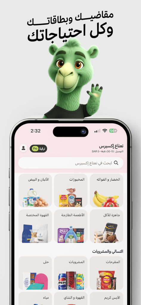 Nana نعناع - Interface de l'application Nana montrant les catégories de courses comme les fruits, les légumes et les collations avec une mascotte de dromadaire vert