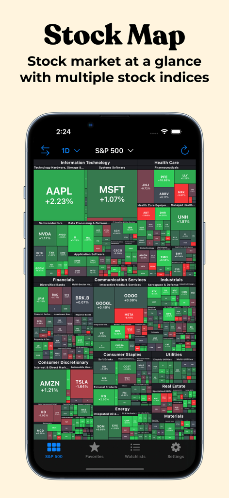 Stock Map: S&P 500 and More - L'application Carte Boursière affichant une carte thermique visuelle des actions du S&P 500 sur un iPhone