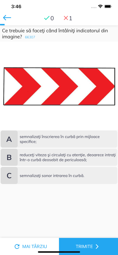 Una pregunta de cuestionario sobre una señal de tráfico en la aplicación del examen de conducir rumano