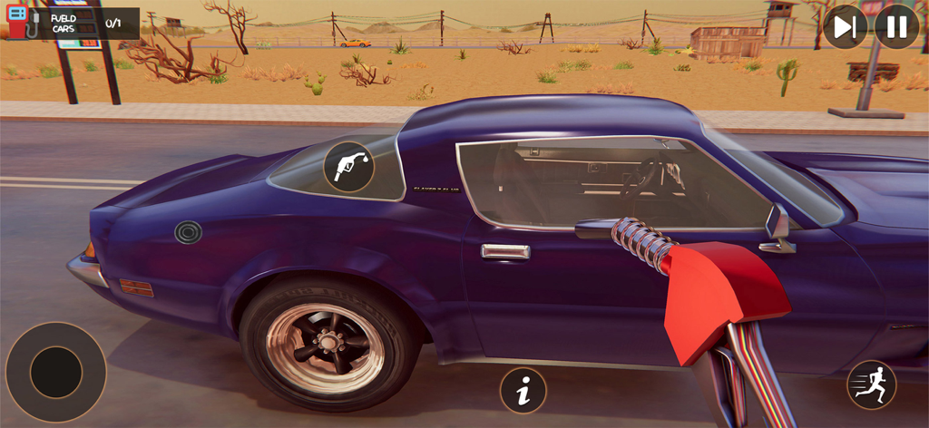 A player uses a gas nozzle to refuel a purple classic muscle car at a desert gas station simulator
