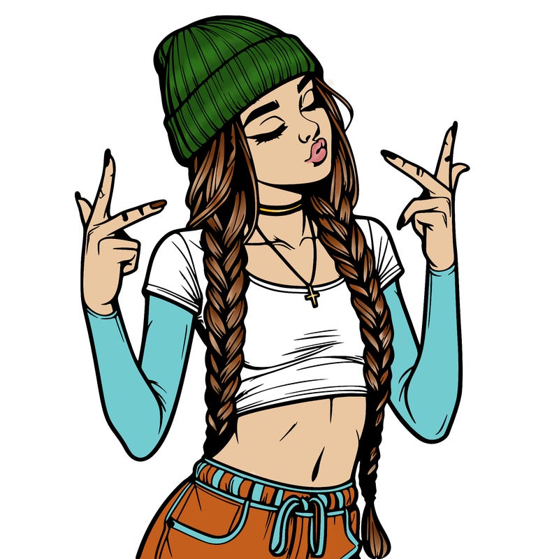 realistic teenage girl with braids and a beanie and crop top doing 🫶🏼