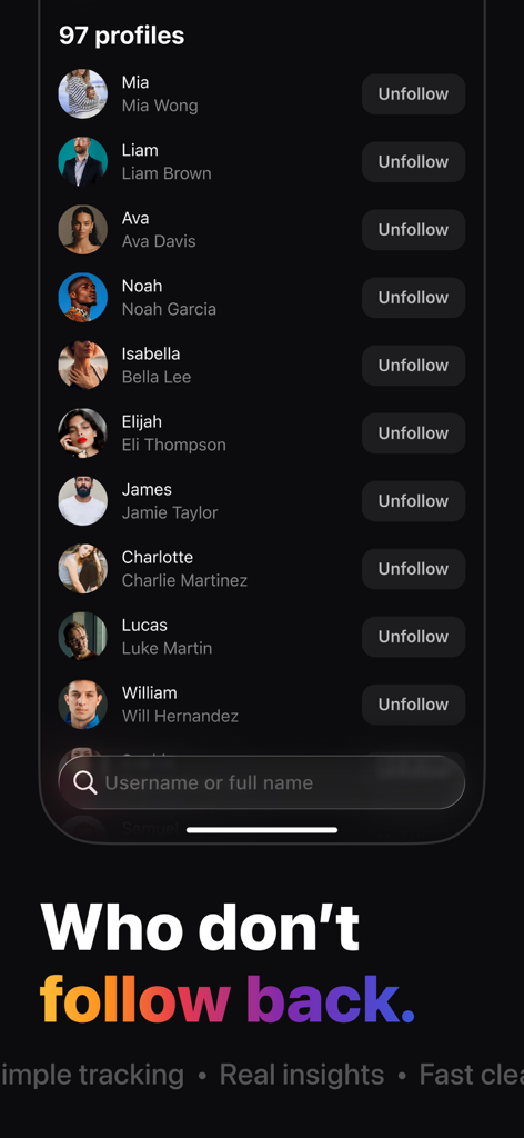 Followers & Unfollowers + - Captura de tela do aplicativo Seguidores e Não Seguidores mostrando uma lista de contas que não seguem de volta com botões para deixar de seguir.