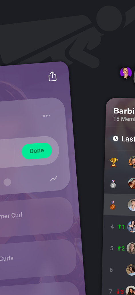 SUPERHUMAN. - UI de la aplicación de estilo de vida Superhuman que muestra el seguimiento del entrenamiento y una tabla de clasificación del rendimiento de la comunidad.