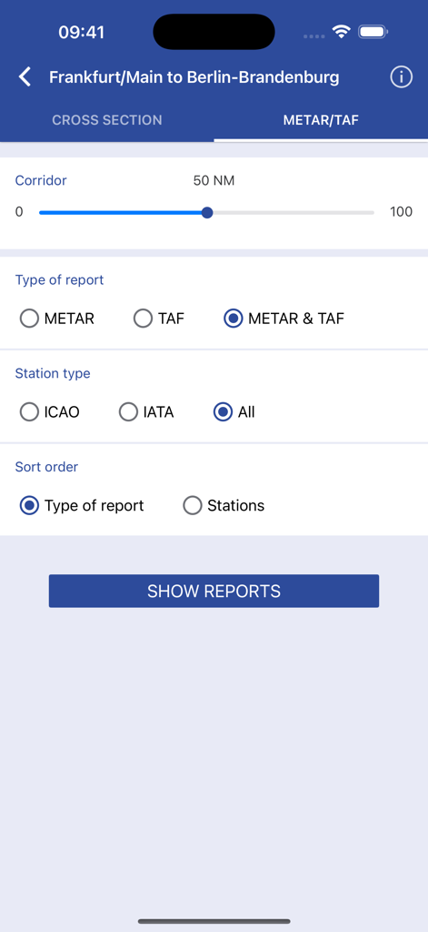 DWD FlugWetter - Auswahlbildschirm für METAR- und TAF-Luftfahrtwetterberichte für eine Flugroute von Frankfurt nach Berlin