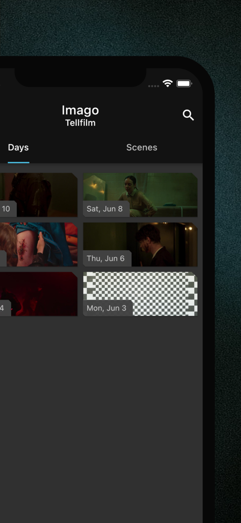 o/DAILIES - oDAILIES mobile app interface showing film production footage organized by shooting days