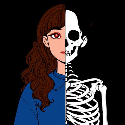 realistic girl half body half skeleton