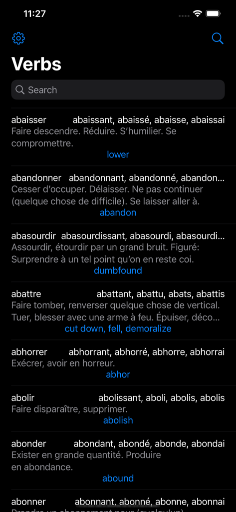 Conjugaison Française - Lista de verbos franceses con definiciones y traducciones al inglés