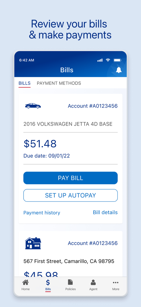 Farmers Insurance Mobile - Farmers Insurance Mobile app screen showing bill details and payment options for auto and home insurance policies
