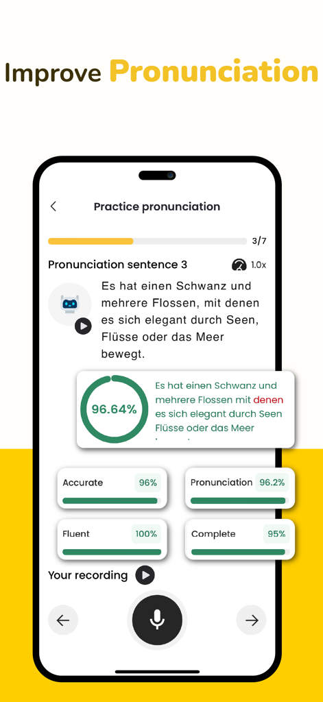 Todaii: Learn German A1-C1 - Todaii German app interface for pronunciation practice with AI feedback scores