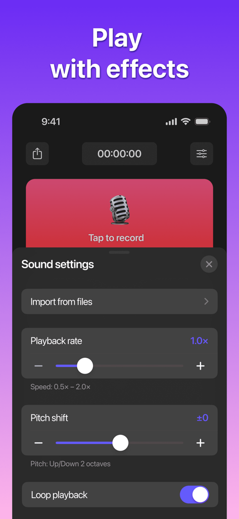 Reverse Audio: Record & Play - Reverse Audio app interface showing sound settings for playback rate and pitch shift effects