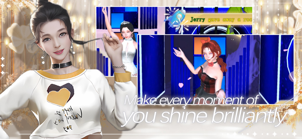 Dancing Dress Up Star - Three 3D female characters in various fashion outfits including casual and formal wear from the Dancing Dress Up Star mobile game.