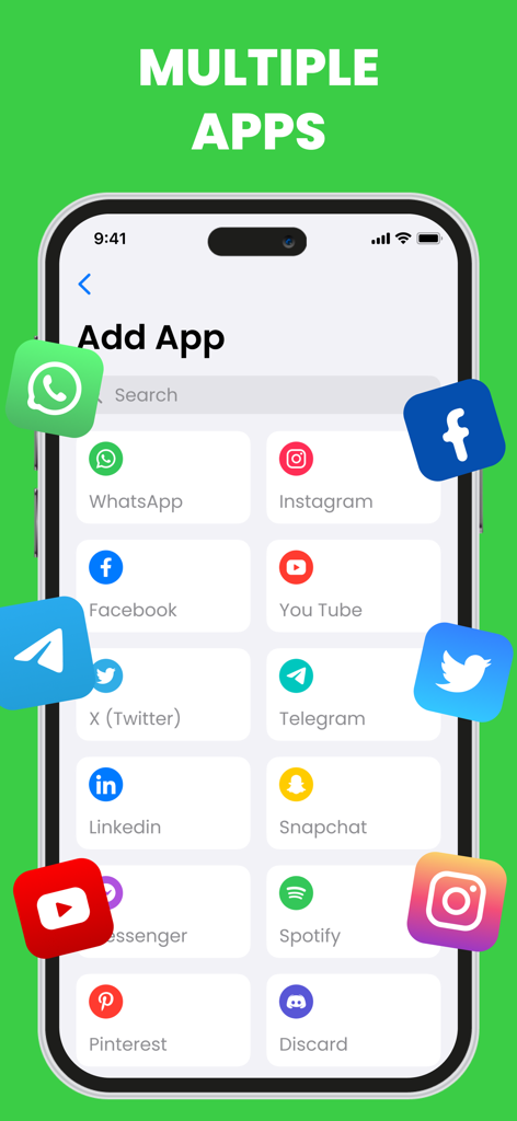 Una pantalla de smartphone mostrando una lista de aplicaciones populares de redes sociales y comunicación listas para ser clonadas en Dual Space Pro.