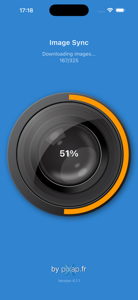 La aplicación LensPro muestra el progreso de sincronización de la imagen con un gráfico de lente de cámara y porcentaje
