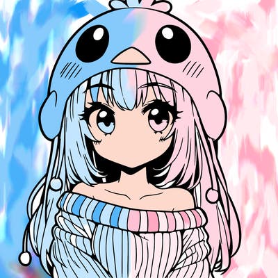 anime girl with chick shaped hat with sweater with bare shoulders with bangs covering them one eye with low tail