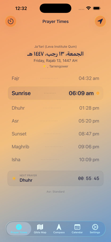 alQibla - alQibla mobile app interface displaying daily Islamic prayer times and countdown