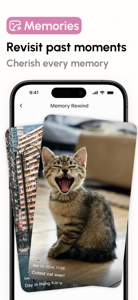 Sparky - Planner and Journal - A mobile interface showing the Memory Rewind feature of the Sparky planner app with photos and dates.