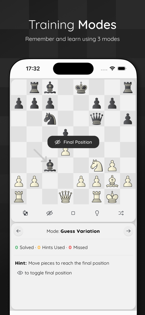 ChessBase Mobile - チェスベースモバイルのトレーニングモード「変化を当てる」を表示するモバイルインターフェース。チェス盤と棋譜表記が含まれている