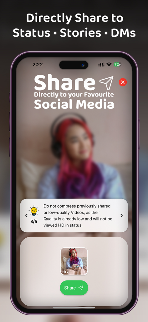 A smartphone screen showing the PureStatus app interface to share HD videos directly to social media status and stories.