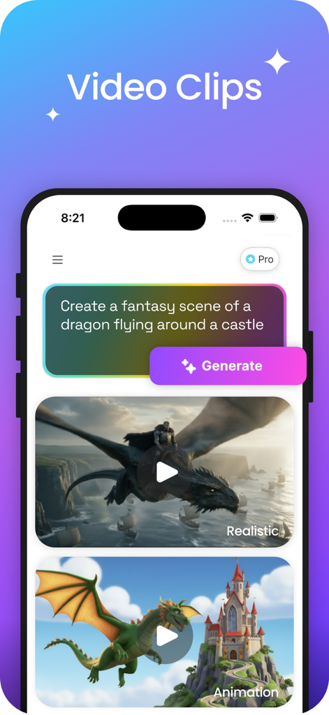 Steve AI: AI Video Generator - Steve AI app screen showing a text prompt generating realistic and animated dragon video clips