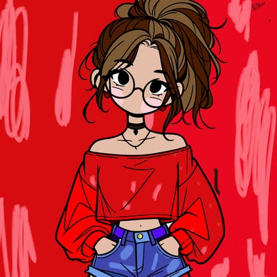 girl with a messy ponytail glasses a baggy crop top and jean shorts