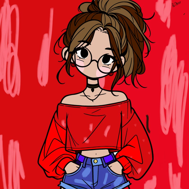 girl with a messy ponytail glasses a baggy crop top and jean shorts