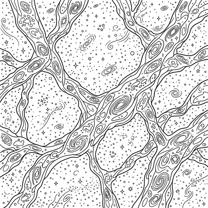 Embark on an intergalactic adventure with this stunning Galaxy Filaments coloring page, thoughtfully designed for seniors. Its clear, intricate lines provide an accessible and engaging artistic experience into the wonders of the cosmos.