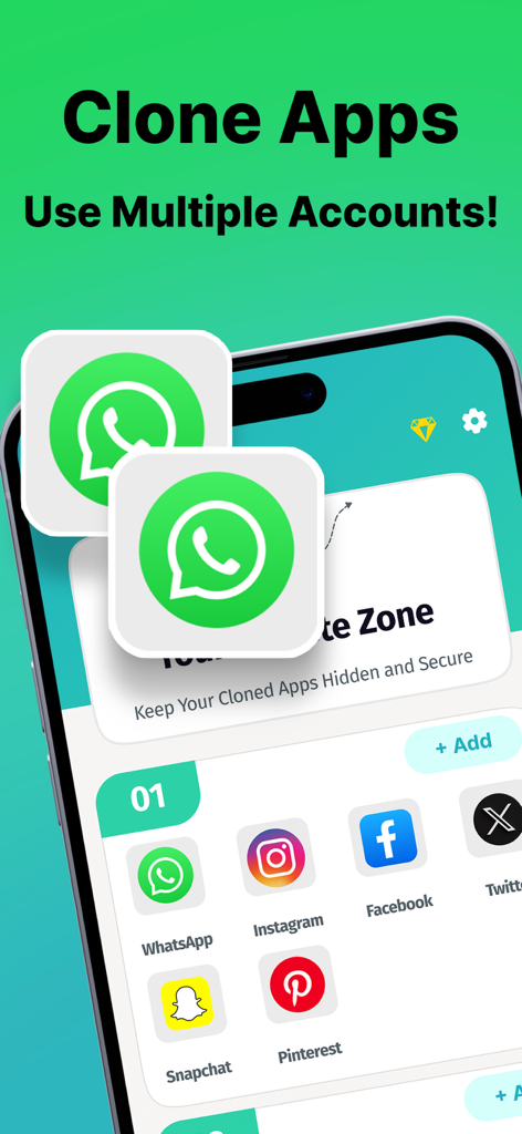 Interface of Clone Apps Parallel Space on a smartphone showing multiple cloned social media accounts